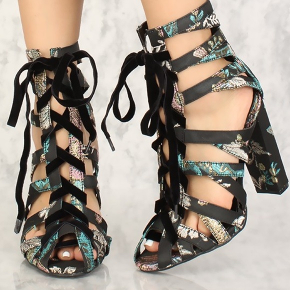 TRANQUILITY Tapestry Cutout Strappy Peep Toe Heels - Picture 1 of 7
